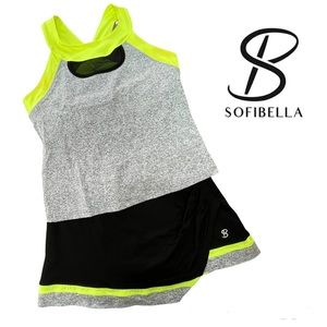Sofibella Tennis Outfit Asymmetrical Skirt & 2 matching shirts medium neon black